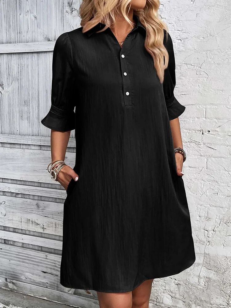 🔥 Womens Casual Shirt Dress Ruffle Sleeve Solid Color Button Down