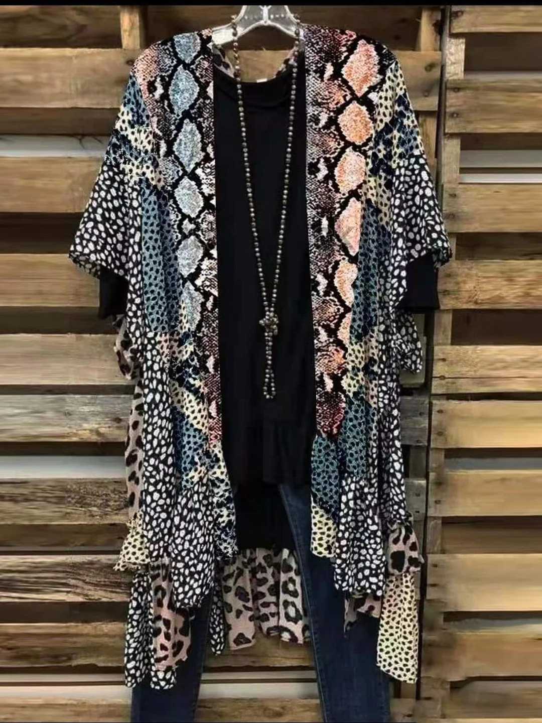Leopard Printing Flounced Hem Casual Open Front Cardigan