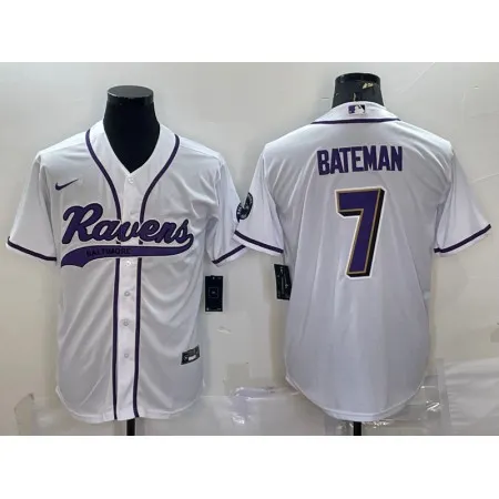 Men's Baltimore Ravens #7 Rashod Bateman White With Patch Cool Base Stitched Baseball Jersey