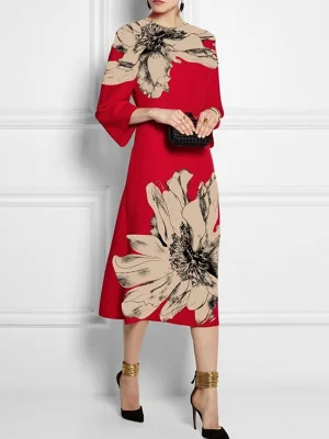 Image of Loose Three-Quarter Sleeves Contrast Color Flower Print Round-Neck Midi Dresses