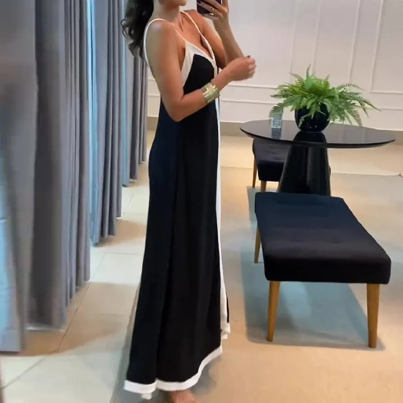 Wongn Wongn Women's Wear Temperament Elegant Contrast Color V-Collar Long Halter Dress