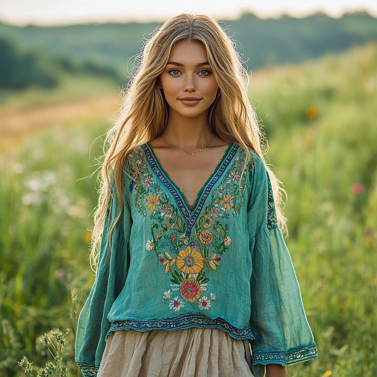 Vintage Floral Embroidery Linen V-neck Shirt