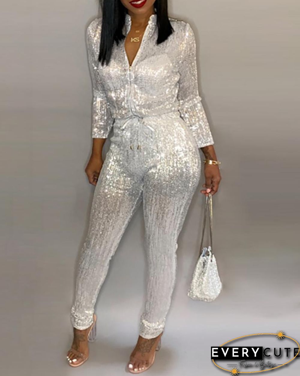 Sequins Zipped Design Tied Waist Jumpsuit P14605