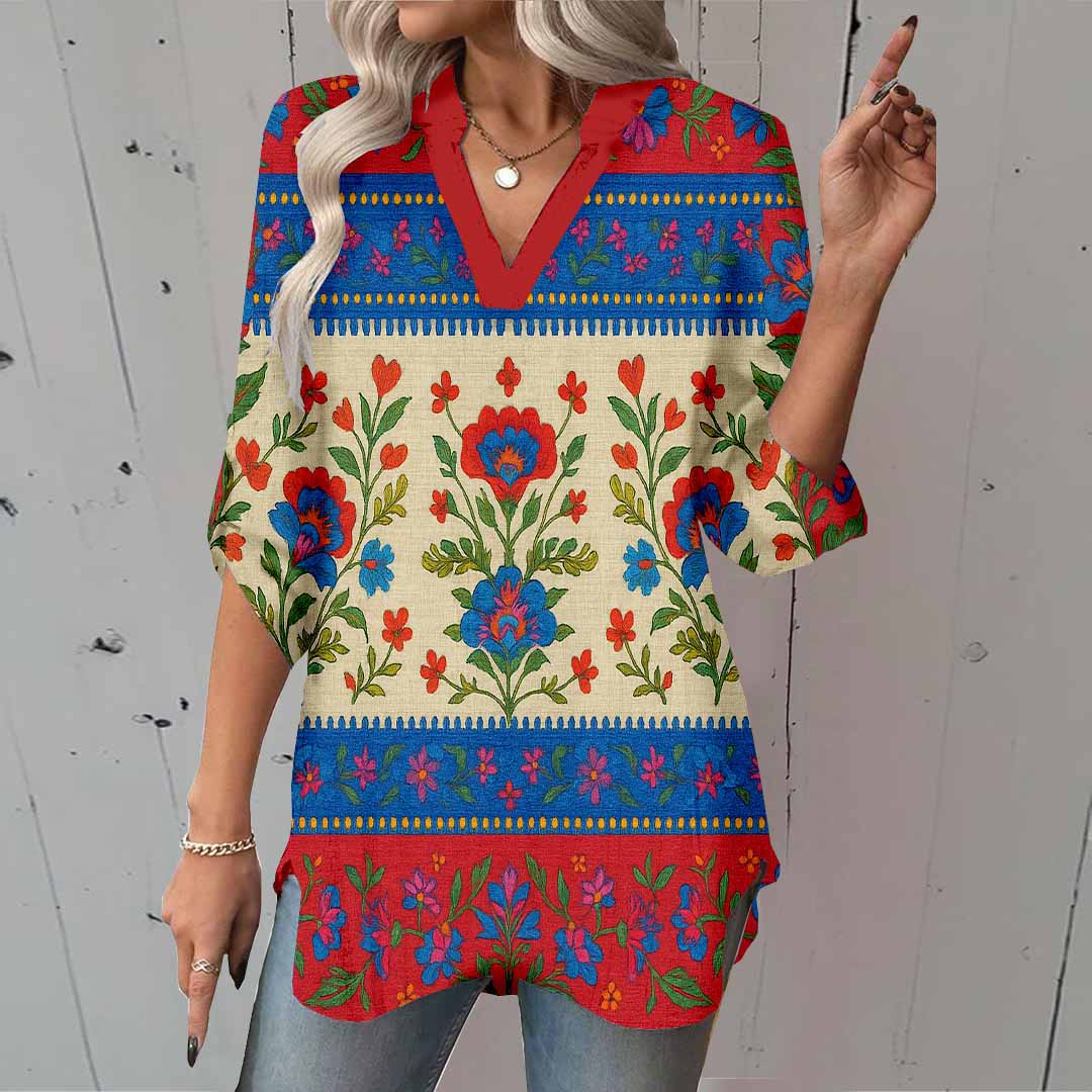 Women Floral, Red, Blue DZGA0198 3/4 Sleeve V-neck Printed Graphic Button Tops