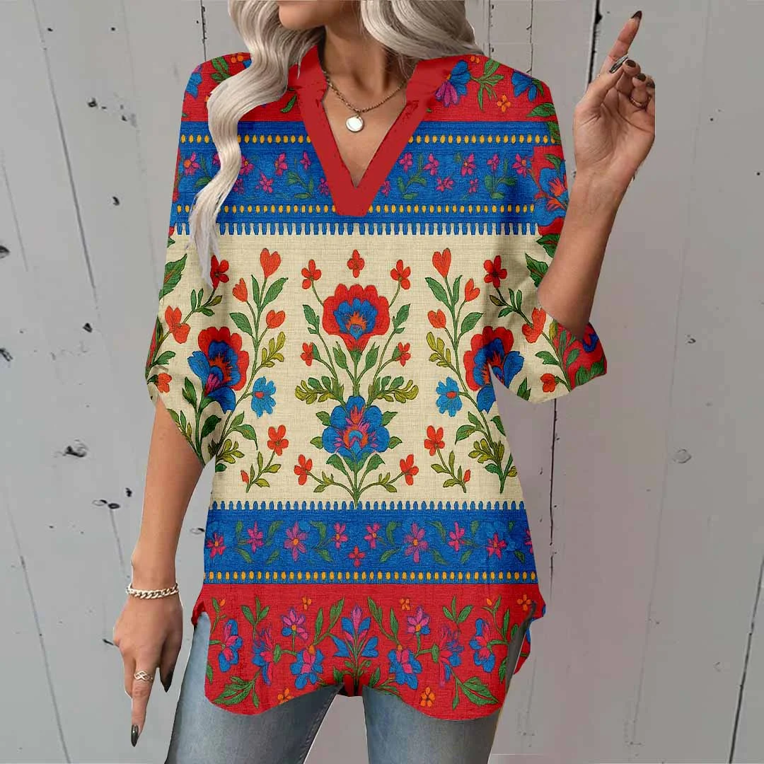 Women Floral, Red, Blue DZGA0198 3/4 Sleeve V-neck Printed Graphic Button Tops