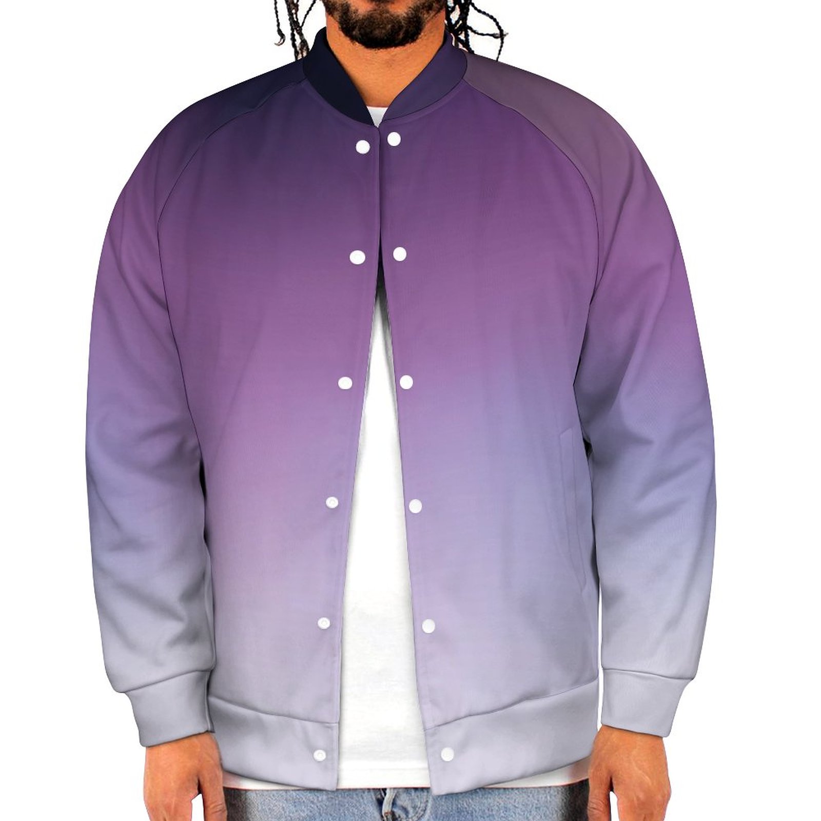 Elegant Gradient Black Purple White Girly Sweatshirt Jacket Mens Casual Lightweight Button Up Bomber Jacket Outwear