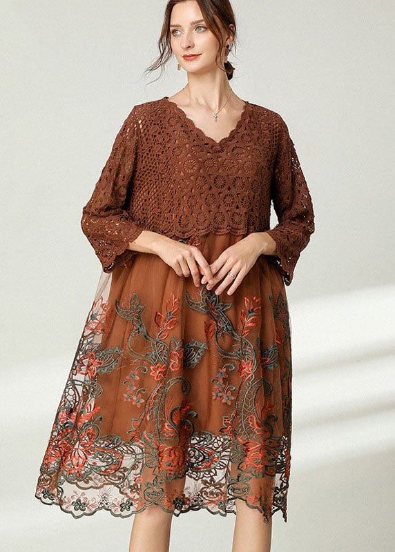 Coffee Patchwork Lace Loose Dress Embroideried Spring CK1118- Fabulory