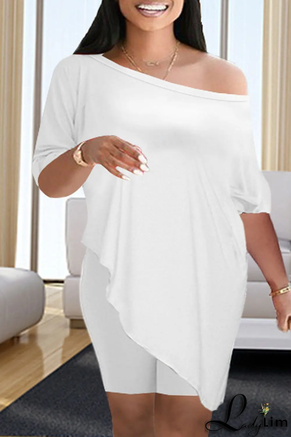 Black Fashion Casual Solid Asymmetrical Oblique Collar Half Sleeve Two Pieces