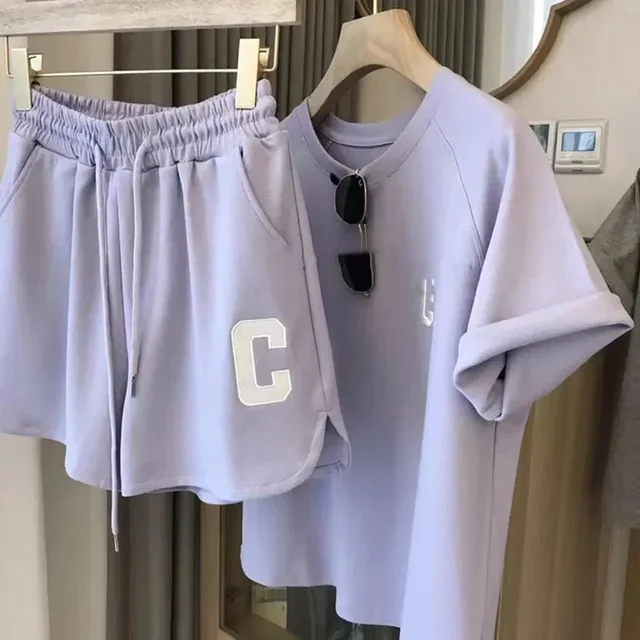 Summer Casual Sports Suit Women Short Sleeve T-shirt Tops Wide Leg Shorts Set Fashion Running Two Piece Sets Womens Sport Outfit