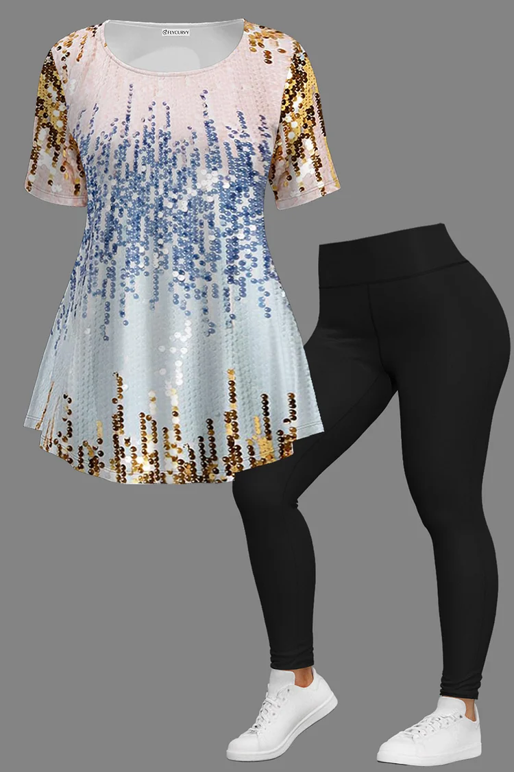 Flycurvy Plus Size Casual Blue Ombre Sparkly Sequin Print Short Sleeve Two Piece Pant Set  Flycurvy [product_label]
