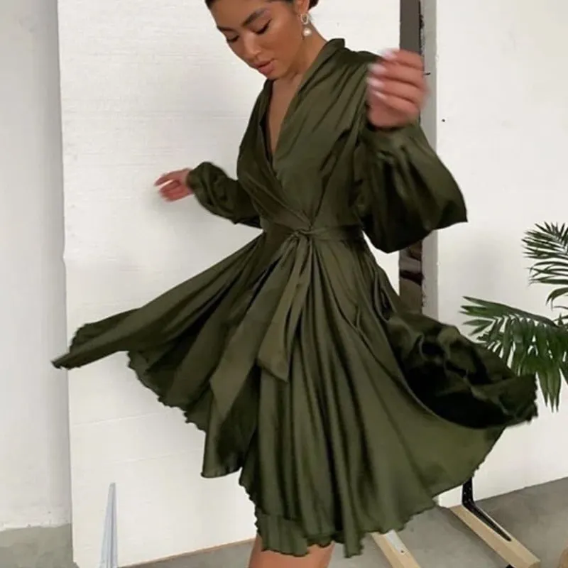 2020 Summer Autumn satin Casual  Women Dress Ladies V-neck Belt vintage Elegant Party Dress Lantern Sleeve A-line Mini Dress