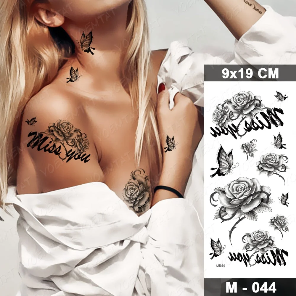 Waterproof Temporary Tattoo Sticker Realistic Sketch Butterfly Fake Tatto Flash Flowers Tatoo Body Art 3d For Girl Women