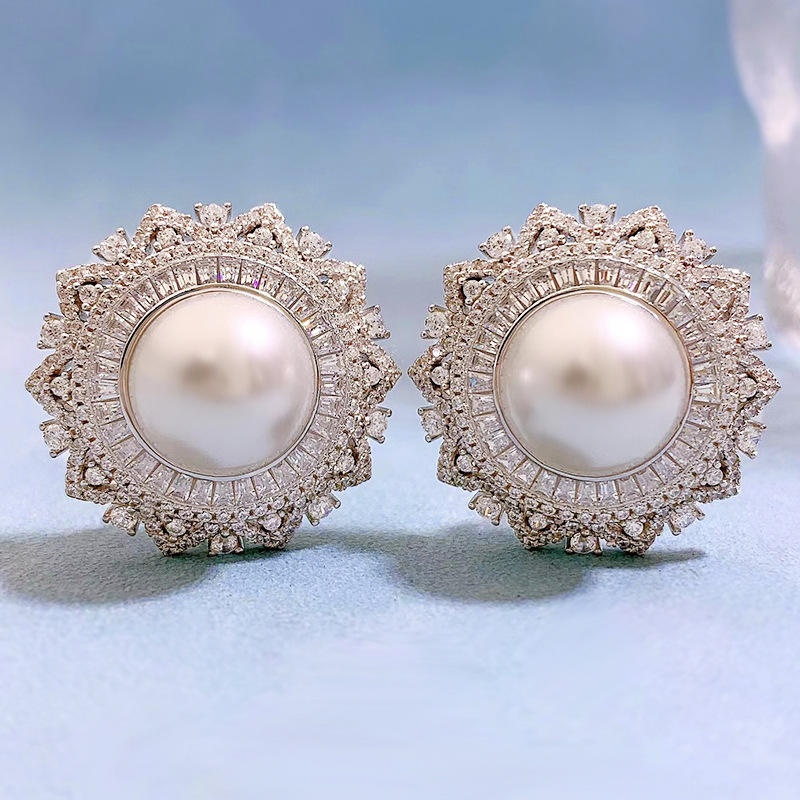 MIKAMU S925 Silver 12mm Pearl Flower Stud Earrings for Women