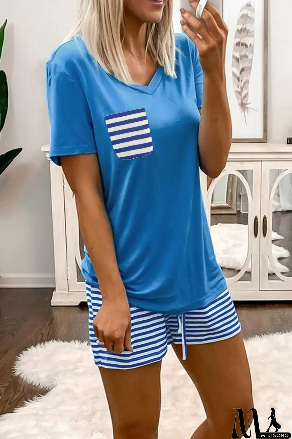 MidiSono - Sky Blue V-Neck Short Sleeve Top and Stripe Shorts Loungewear Set