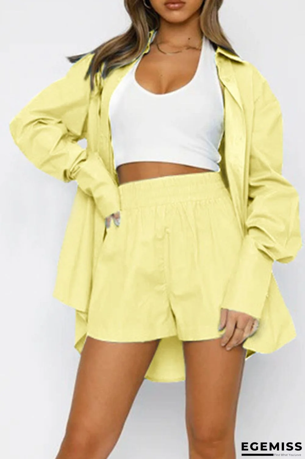 Yellow Casual Solid Patchwork Buckle Turndown Collar Long Sleeve Two Pieces | EGEMISS