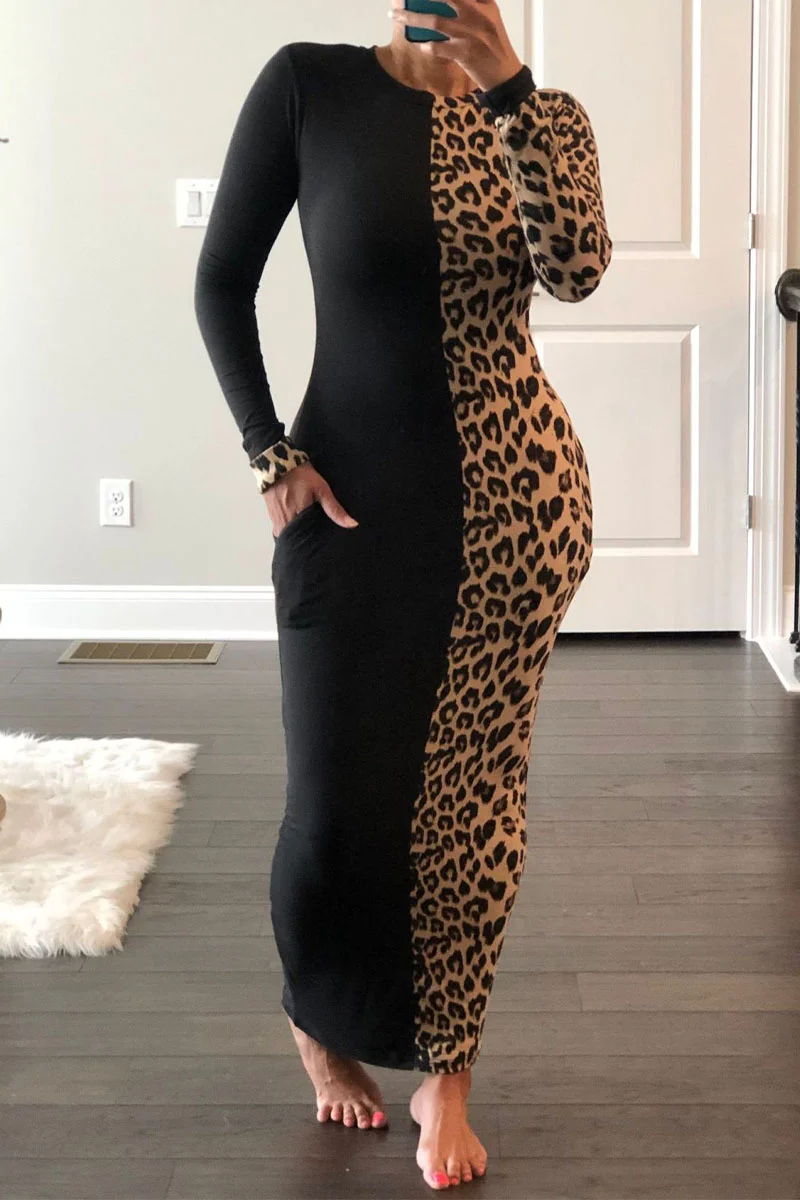 Black Sexy Print Split Joint Turtleneck Wrapped Skirt Dresses