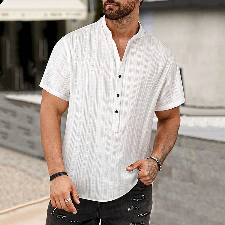 Comstylish Men's Casual Solid Color Stripes Texture Art Linen Blend Shirt