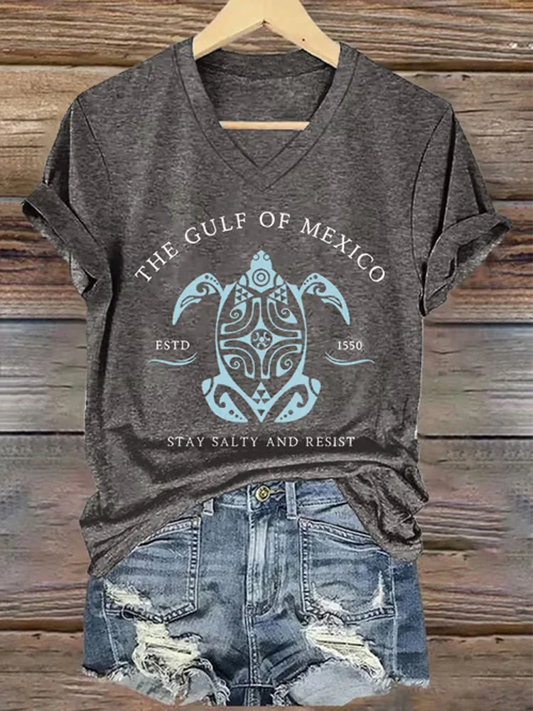 Women's Gulf Of Mexico Printed V Neck T-shirt