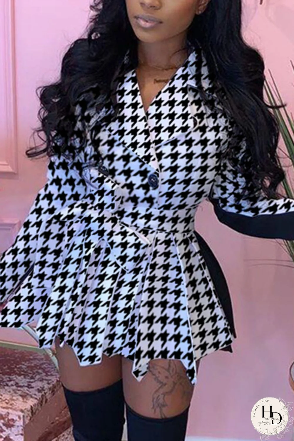 Black and white Fashion Casual Patchwork Print Split Joint Turndown Collar Long Sleeve Mini Printed Dress