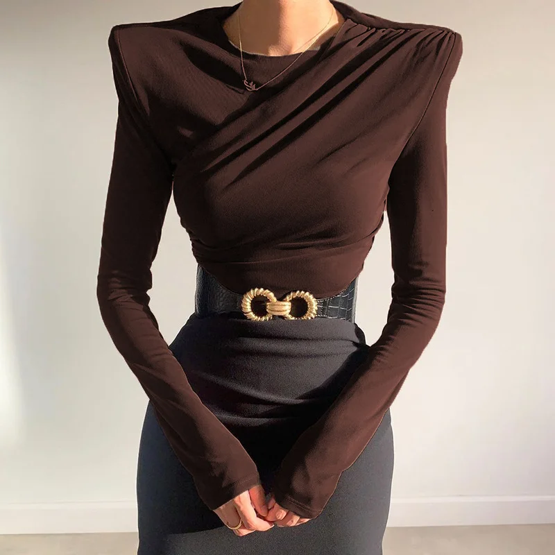O Neck Brown Long Sleeve Crop Top Women Basic Casual Autumn Winter Sexy T Shirts Black Ruched Streetwear Fashion