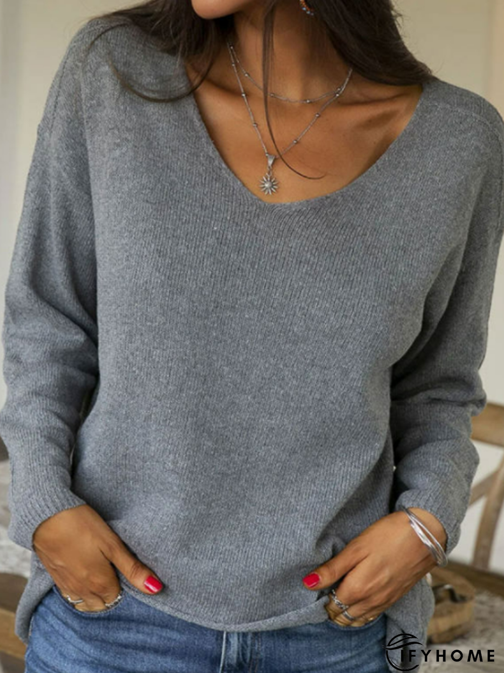 Long sleeve V-neck plain patterned basic stretch sweater for warmth | IFYHOME