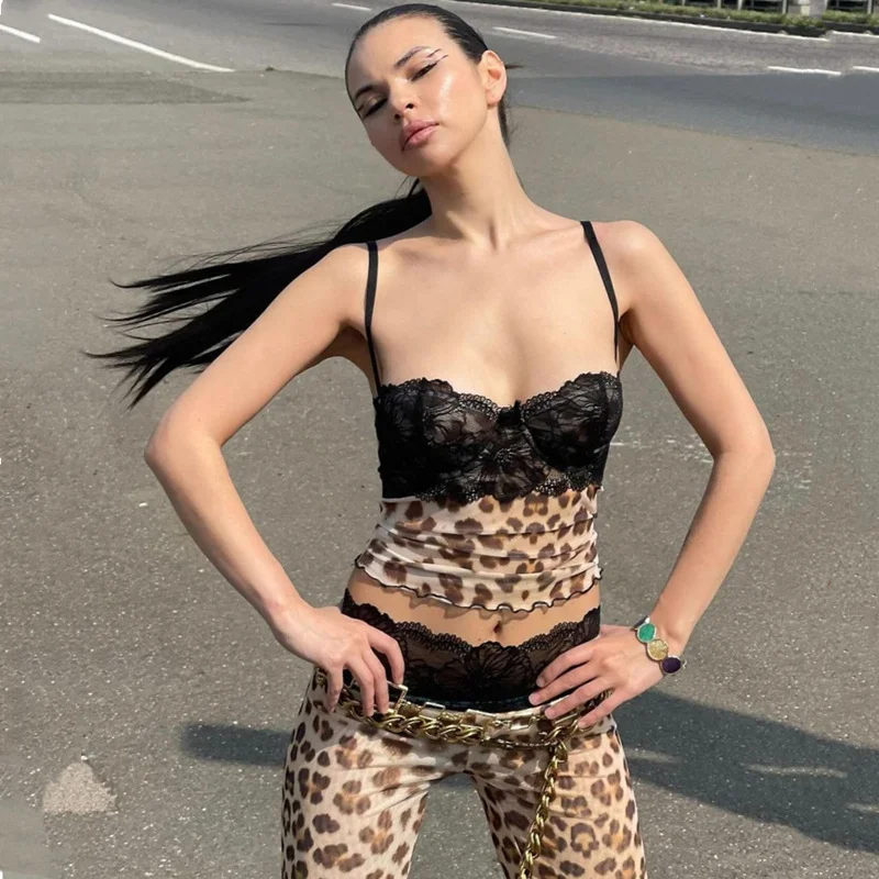 Uveng Uveng Ins Women's Summer 2024 New Sexy Hot Girl Fashion Vintage Leopard Print Slim Strap Vest
