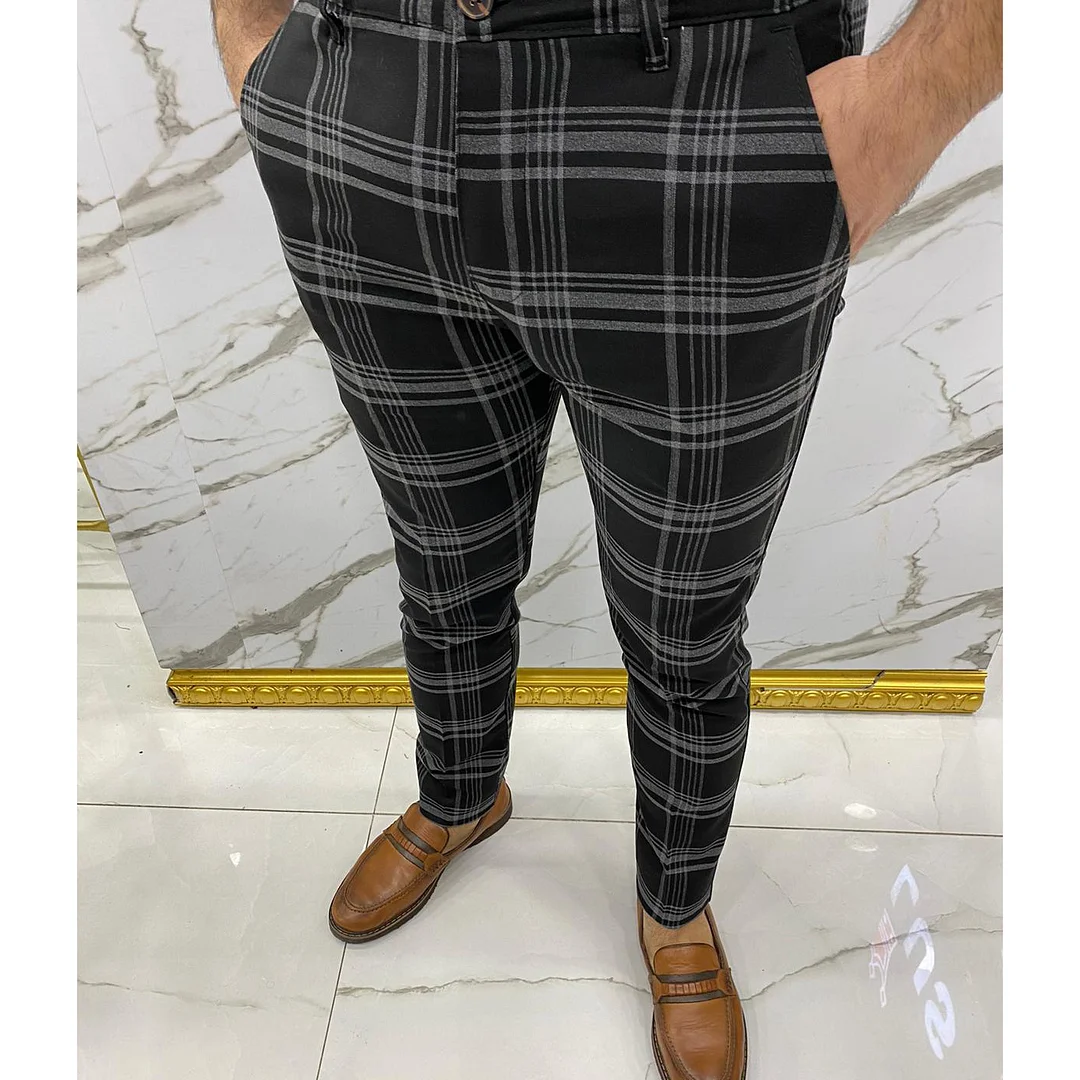 Men's Big Plaid Striped Color Matching Casual Pants Business Chino Pant