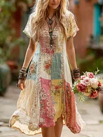 Women's Retro Floral Splicing Cotton And Linen Long Dress