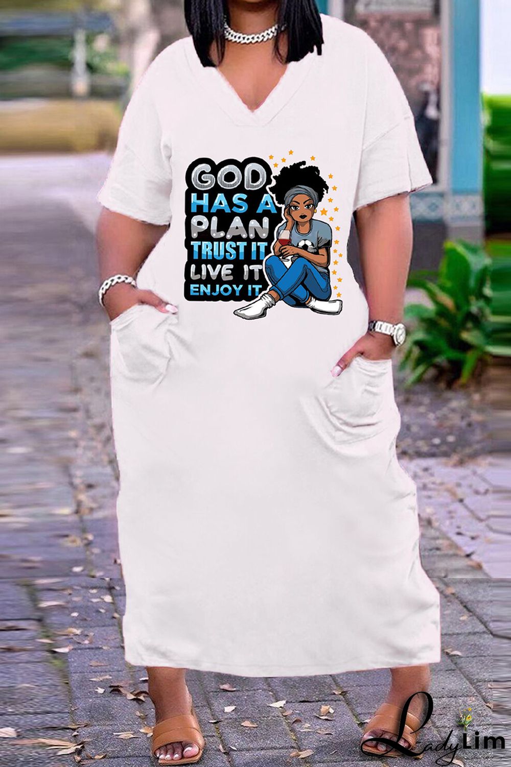 Black White Fashion Casual Plus Size Print Basic V Neck Short Sleeve Dress