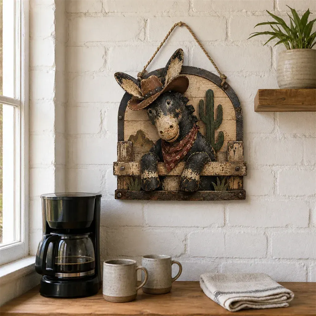 Rustic donkey wall hanging above a farmhouse coffee bar Rustic donkey wall hanging above a farmhouse coffee bar