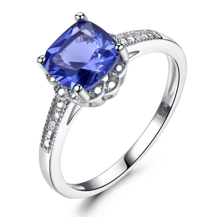 Square Cut Tanzanite Ring with Diamond In Sterling Silver