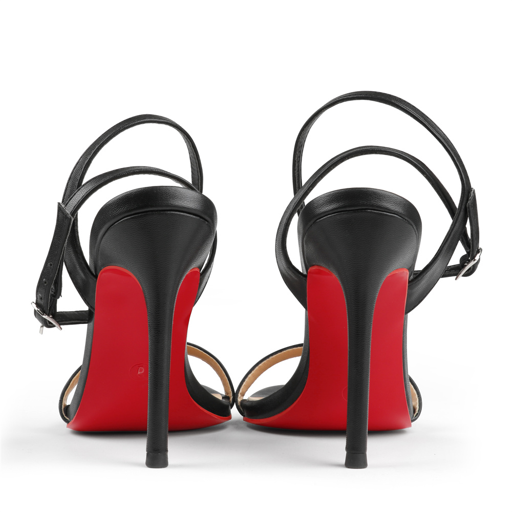 100mm Women's Sandals Round Open Toe Red Bottom Ankle Straps Matte Pumps-MERUMOTE