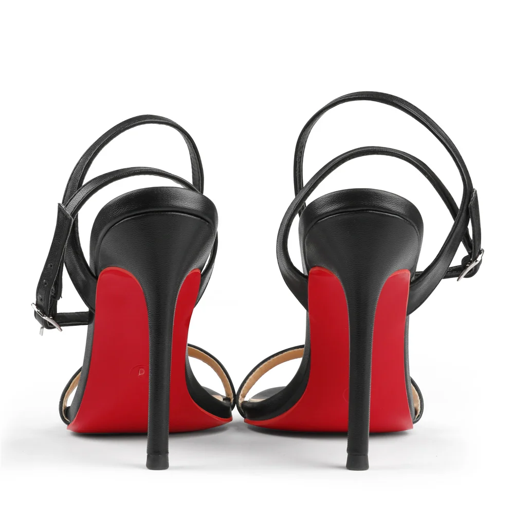 100mm Women's Sandals Round Open Toe Red Bottom Ankle Straps Matte Pumps-MERUMOTE