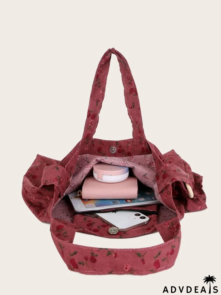 Allover Floral Corduroy Shoulder Tote Bag