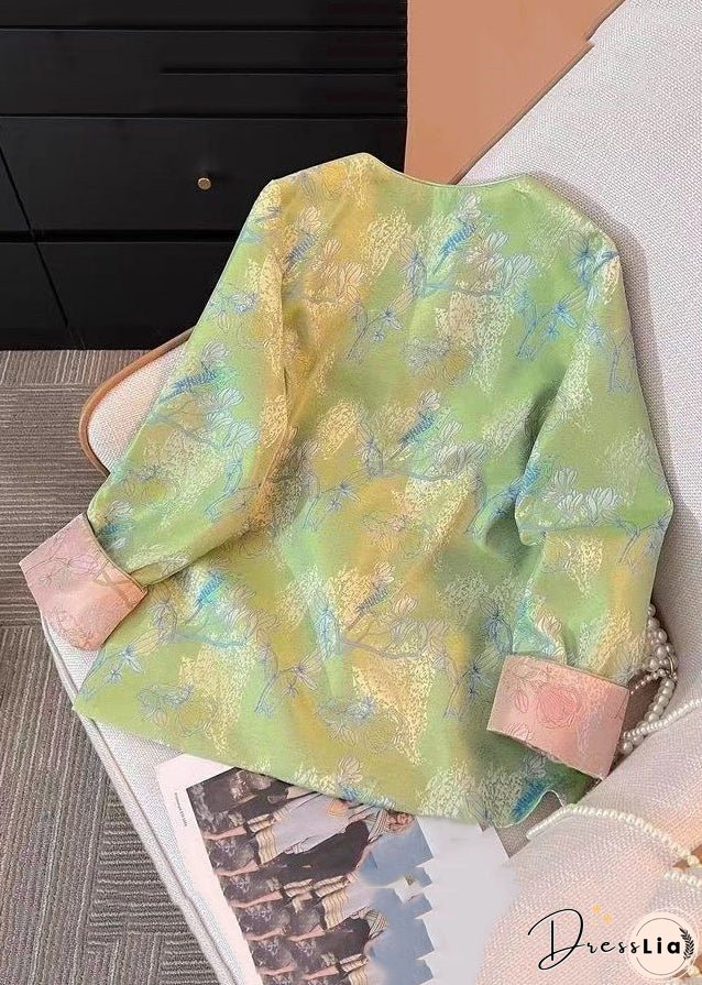 New Green Print Print Side Open Silk Coats Fall