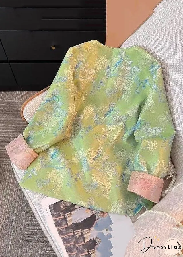 New Green Print Print Side Open Silk Coats Fall