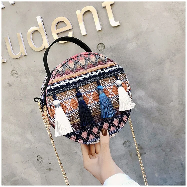 Brand New Boho Vintage Beach Straw Women Shoulder Bag Tassel Round Handbag Rattan Basket Ladies Crossbody Shoulder Storage Bag