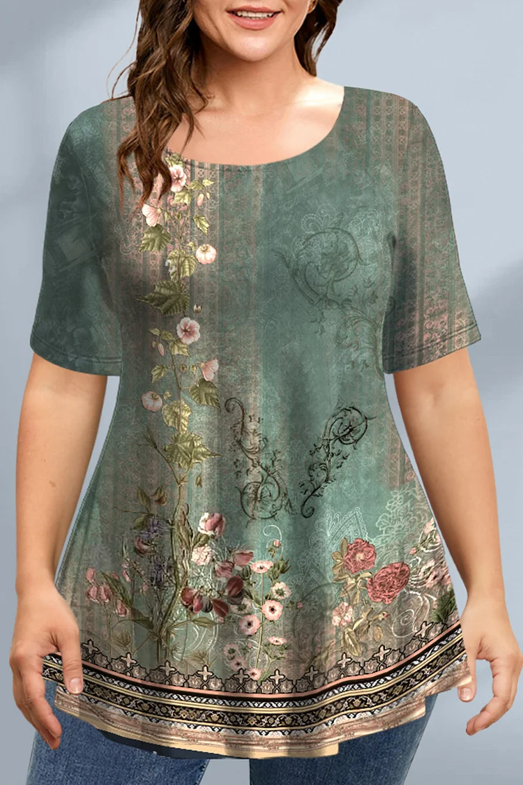 Flycurvy Plus Size Casual Green Retro Floral Print T-Shirt  Flycurvy [product_label]