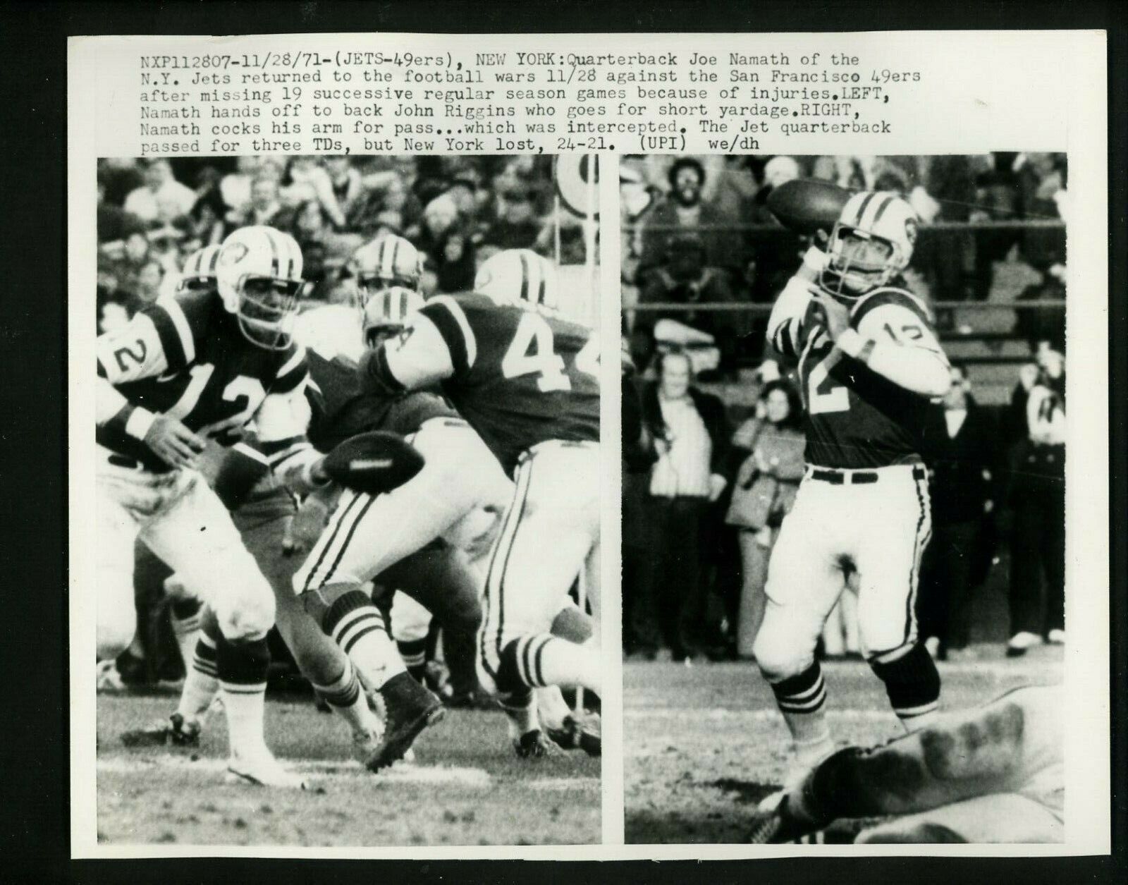 Joe Namath returns from injury for New York Jets vs SF 49ers 1971 Press Photo Poster painting
