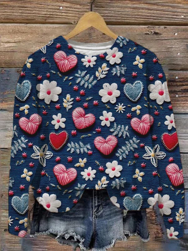 Women's Flowers Heart Shaped Embroidery Print Retro Sweatshirt