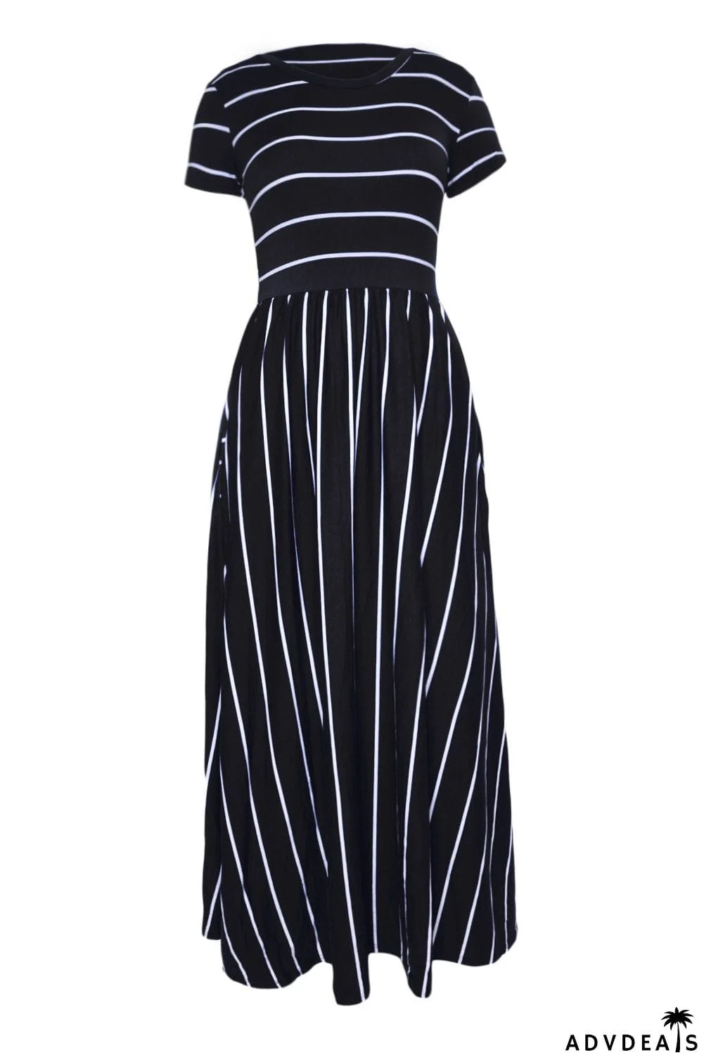 Striped Black Short Sleeve Maxi Dress
