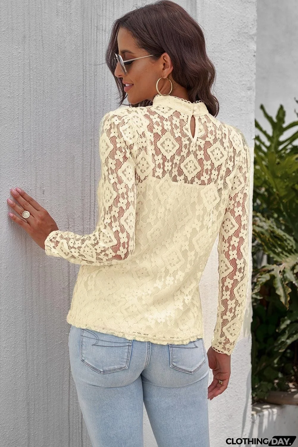 Mock Neck Long Sleeve Lace Top