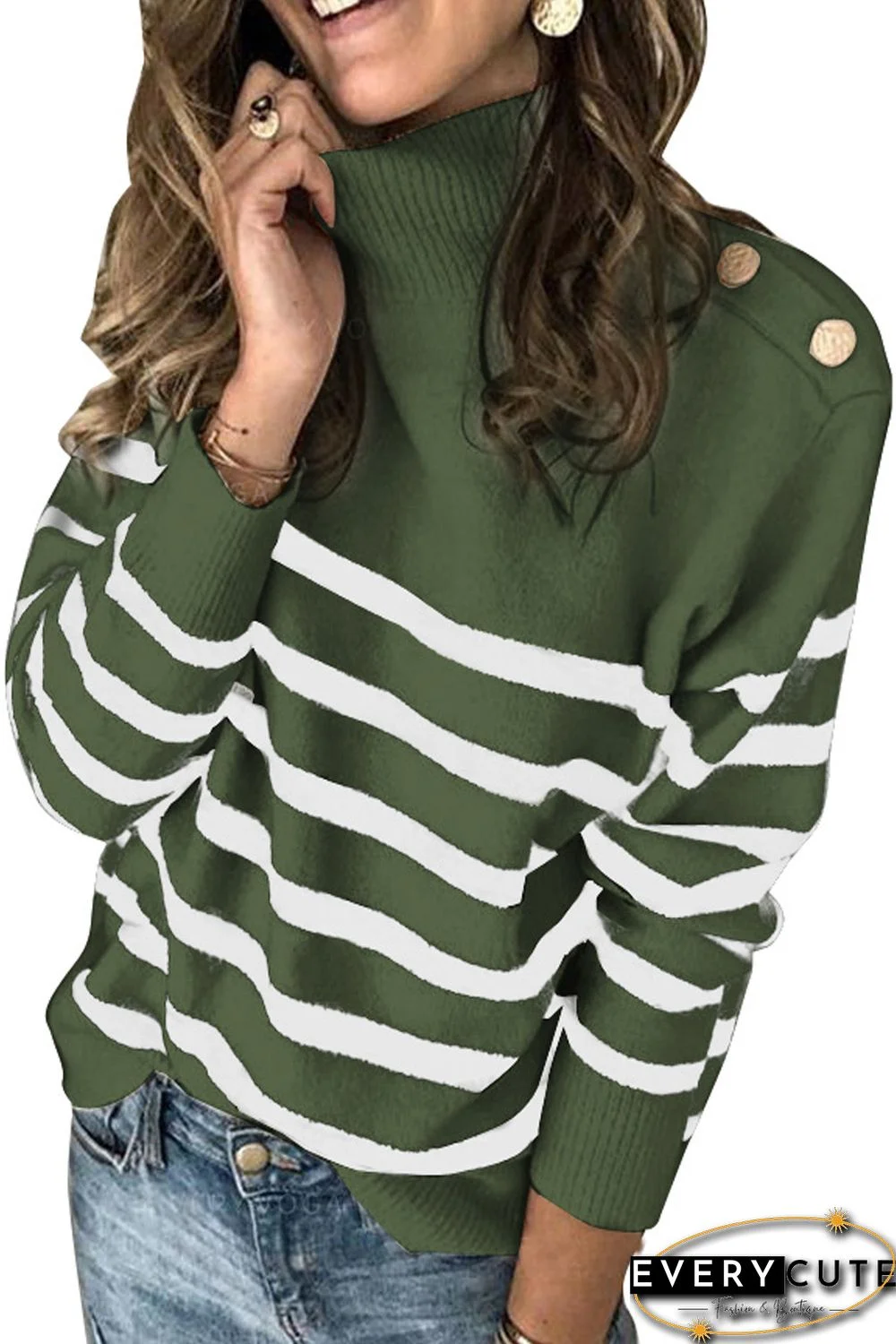 Green Striped Turtleneck Long Sleeve Sweater with Buttons