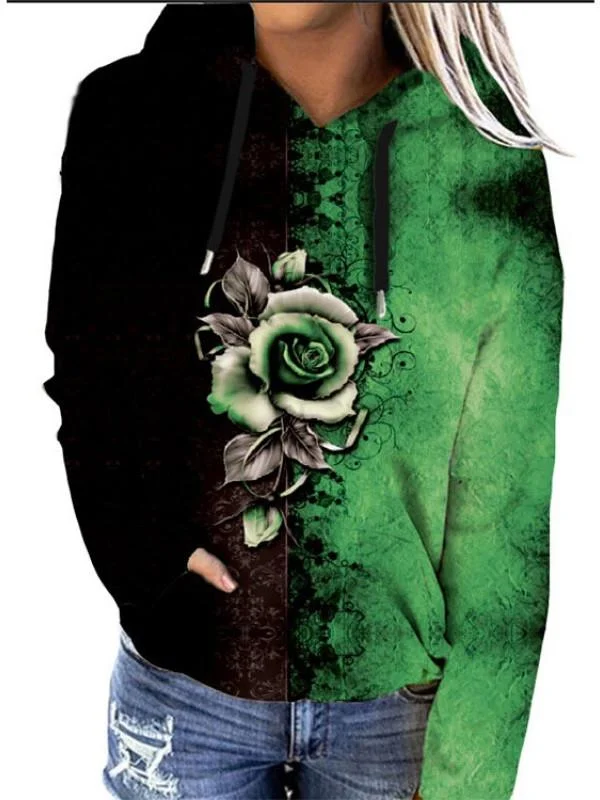 Women Long Sleeve Hooded Floral Printed Graphic Top