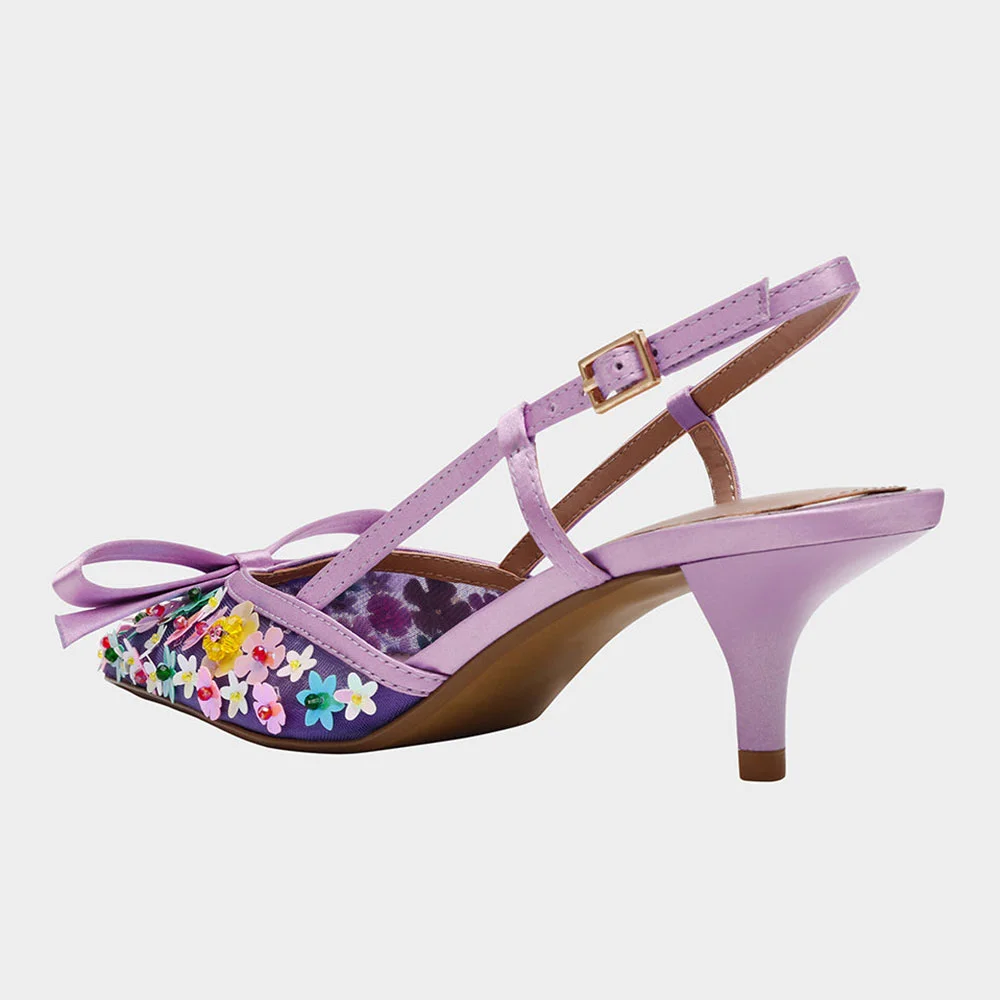 Pointed Toe Purple Slingback Pumps Heels with Colorful Flowers