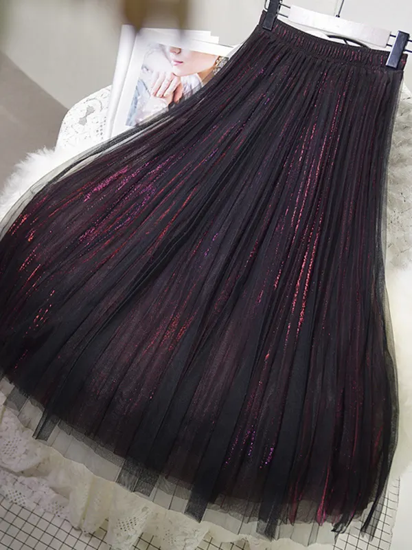 Mid-length Mesh Skirt Pleated Skirt A-line Skirt