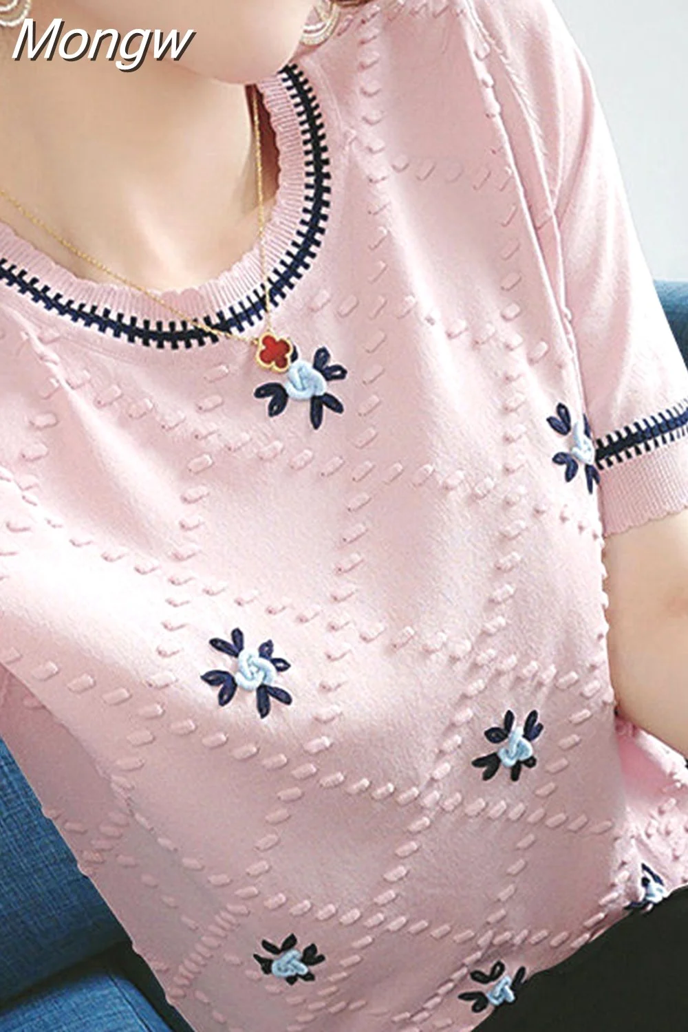 Mongw O-Neck Embroidery Floral Oversized Knitted Blouse Summer Casual Pullovers Elegant Women's Clothing Loose Commute Shirt