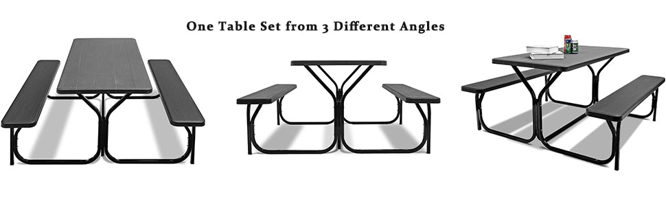 Outdoor Camping Picnic Table Bench Set with All Weather Metal Base