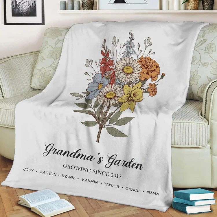 Personalized Nana's Garden Blanket Custom Birth Month Flowers with Grandkid's Name Blanket Christmas Mother's Day Birthday Gift for Grandma Grandmother Mom Nana Gigi Mimi Blanket[personalized name blankets][custom name blankets]