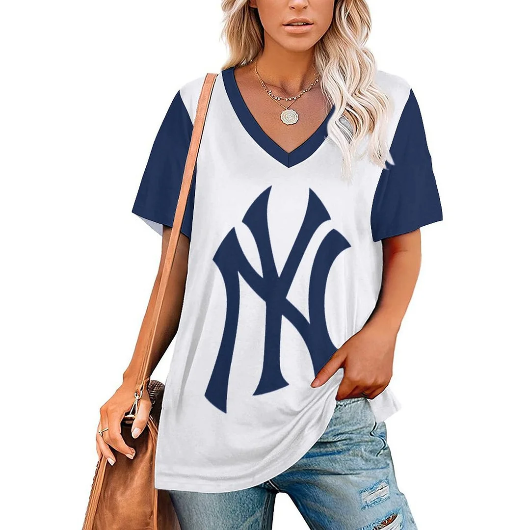 V-neck Short Sleeve Casual T-shirt for  Women Printed with Pattern ,Blue